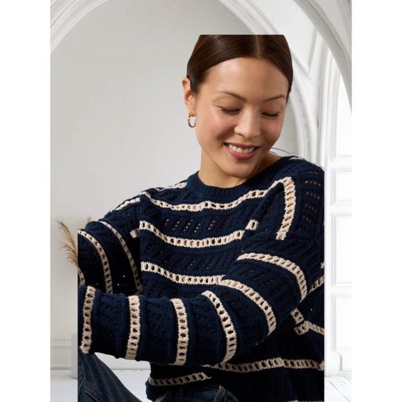Z Supply Women's Striped Knit Sweater, Navy Blue Crew Neck Pullover Top med - Picture 1 of 13